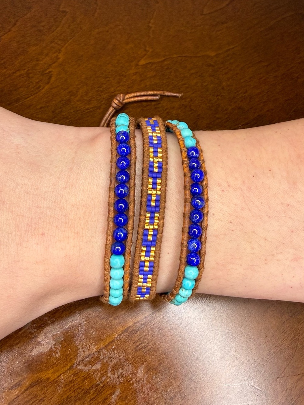 Chan Luu Blue Turquoise Beaded Leather Wrap Bracelet Boho Adjustable